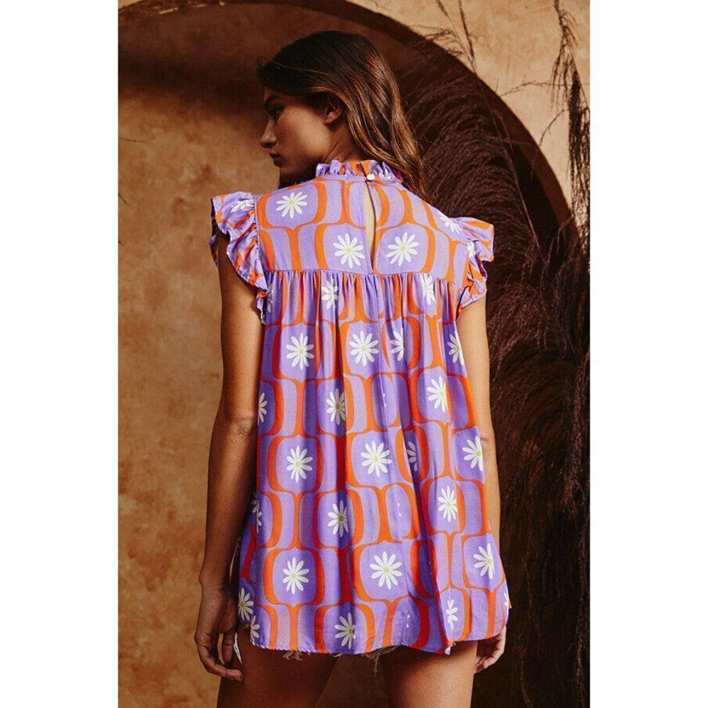 SALE! Bucketlist Retro Floral Geometric Print Top Smocked Detail S-L New T1421-1 - Picture 11 of 12